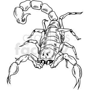 The clipart image shows a stylized drawing of a scorpion. It features the characteristic segments of the scorpion's body, its pincers, six legs, and the iconic curled tail with a stinger at the end. This image has a simplified black and white outline which is reminiscent of a tattoo design.