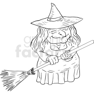 witch holding broom black and white tattoo design