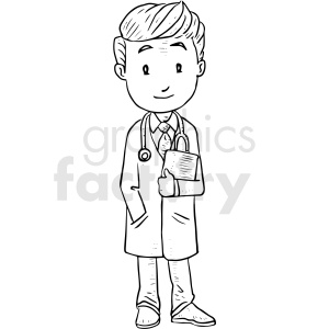 A cartoon illustration of a young male doctor with a stethoscope, wearing a lab coat and holding a clipboard.