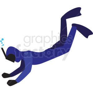 Clipart image of a person in a blue wetsuit and fins, scuba diving underwater with bubbles coming out of the snorkel.