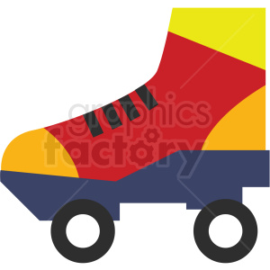 A colorful clipart image of a roller skate with a red boot, yellow and orange accents, and black wheels.