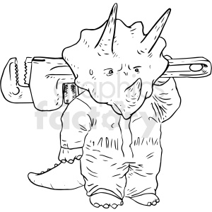 The clipart image depicts a Triceratops dinosaur dressed as a mechanic. The Triceratops is standing upright on two legs and holding a large wrench over its shoulder. The character is wearing a jumpsuit typical of a mechanic's outfit.