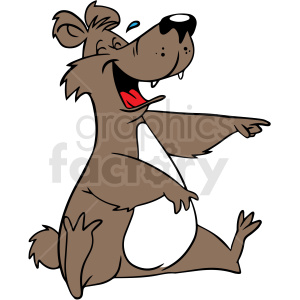 In this clipart image, there is a cartoon bear sitting on the ground, apparently laughing very hard. The bear has one hand extended outward as if pointing while the other hand rests on its belly. Its mouth is wide open showing its tongue and teeth, and its eyes are closed indicating it is in mid-laughter. A sweat drop symbolizes the intensity of the laughter.