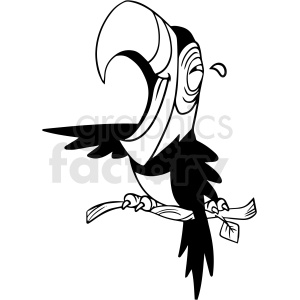 A black and white clipart image of a cartoon toucan perched on a branch with its beak open.