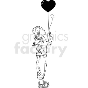 black and white girl holding heart balloon vector clipart
