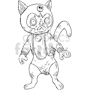 This is a black and white clipart image of a cat dressed as a wrestler. The cat is standing upright on two legs and is wearing a wrestling singlet with a skull emblem on the forehead of its mask. The cat's expression looks determined or ready for action. Its tail is up and curved, which adds to the dynamic look of the character.