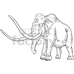 The image is a black and white line art drawing of an elephant. The elephant is depicted with large, curved tusks and a trunk reaching outwards.