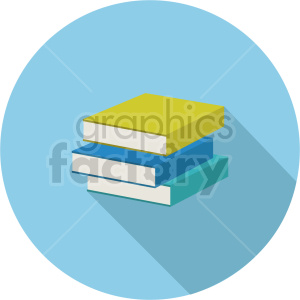 A clipart image of a stack of three books with different colored covers on a blue circular background.