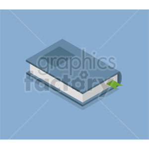 Isometric illustration of a blue book with a green bookmark on a light blue background.