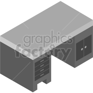 Isometric view of a grey office desk featuring a set of drawers on the left side and a cabinet with doors on the right side.