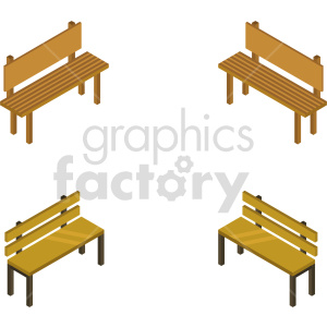 A set of four isometric clipart images of wooden benches. Each bench has a different design and angle, showcasing various styles of wooden outdoor seating furniture.