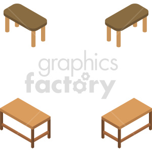 An isometric clipart image depicting four tables. There are two brown tables with rounded edges and two wooden tables with rectangular tops.