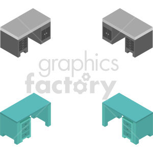 This clipart image shows four isometric office desks, two in gray and two in teal. Each desk features drawers for storage on the side and appears modern and functional.