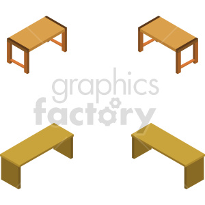 The clipart image consists of four isometric representations of tables. The top two tables have a lighter wood tabletop with dark brown legs and cross supports. The bottom two tables are depicted with a medium wood color and dark brown legs and support.