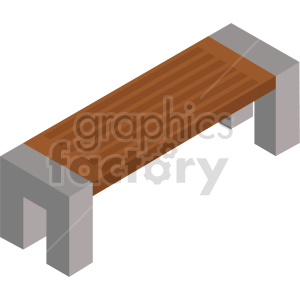 Isometric illustration of a simple wooden bench with concrete supports.