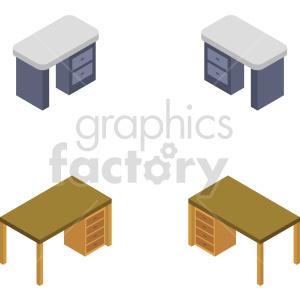 This clipart image features four isometric office desks. Two desks have a gray surface with blue drawers and legs, while the other two have a wood surface with brown drawers and legs. The image shows the desks from a diagonal, above-angle perspective.