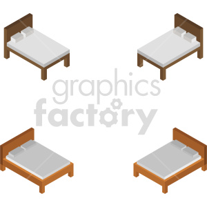 A clipart image showing four isometric bed illustrations with pillows. The beds have wooden frames and are viewed from an angled perspective.