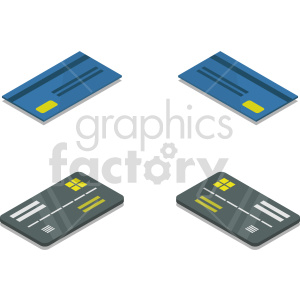 Isometric clipart image of two blue credit cards and two dark grey debit cards, displayed with slight shadows to suggest a 3D appearance.