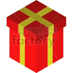 Isometric illustration of a gift box wrapped in red paper with yellow ribbon.