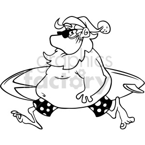 A humorous clipart image of Santa Claus wearing sunglasses and holding a surfboard, dressed in polka dot swim trunks, capturing a fun summer holiday vibe. He has a face mask on his mouth and nose