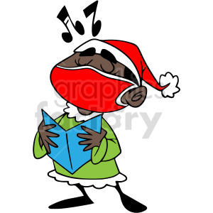 Clipart of African American Santa wearing a face mask and holding a book, with musical notes around.