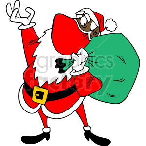 An illustration of an African American Santa Claus wearing a face mask and carrying a green sack.