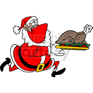 A humorous illustration of Santa Claus wearing a face mask and carrying a tray with a cooked turkey.