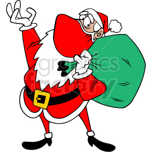 A cartoon Santa Claus holding a large green sack, dressed in a traditional red suit, but with a red mask as well 