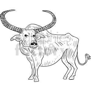 This clipart image depicts a stylized illustration of an ox with large, curved horns. The ox appears to be standing and looking forward, with details such as hooves, ears, a tail, and a textured hide indicated through line art.