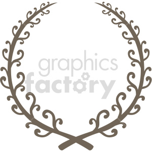 Clipart image of a laurel wreath composed of brown branches with intricate, swirling leaves, forming an open circle.