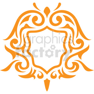 An ornate, orange-colored, symmetrical border design in clipart style, featuring intricate swirls and curves, creating a vintage frame.