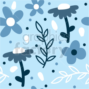 A seamless pattern with various blue flowers, white petals, and leaves on a light blue background.