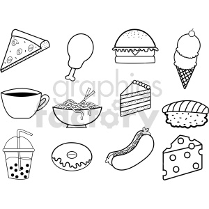 A collection of black and white food clipart images featuring a slice of pizza, a chicken drumstick, a hamburger, an ice cream cone, a cup of coffee, a bowl of noodles, a slice of cake, a piece of sushi, a cup with a straw, a donut, a hotdog, and a piece of cheese.
