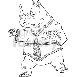 The clipart image features a cartoon rhinoceros standing upright like a human, dressed in a martial arts uniform with a belt, often referred to as a gi. The rhino appears to be in a fighting stance with its hands positioned as if ready for combat. There are no visible tattoos in the image.