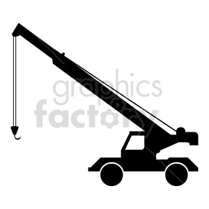 Clipart image of a black silhouette of a construction crane with a long arm and hook.