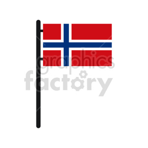 The image is a simple clipart of the flag of Norway. It features the flag's iconic red background with a blue cross outlined in white, which extends to the edges of the flag. The flag is mounted on a black pole on the left-hand side, giving the impression that it is flying.