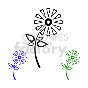 Clipart image depicting three simplistic flowers in different colors with black, blue, and green outlines. Each flower has petals, a stem, and leaves.