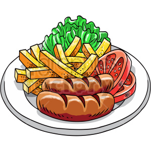 A clipart image of a dinner plate featuring chorizo sausages, French fries, lettuce, and sliced tomatoes.