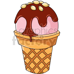 Clipart of an ice cream cone with pink ice cream, chocolate syrup, and nuts on top.