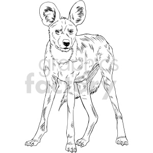 The image is a black and white line drawing of a spotted hyena standing. It is not a dog, although hyenas are sometimes mistaken for dogs due to some superficial similarities. Hyenas are actually more closely related to cats and mongooses than to dogs.