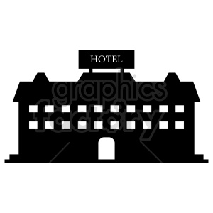 This clipart image features a black silhouette of a hotel building with a prominent rectangular sign labeled 'HOTEL' on top. The building has multiple windows and a central entrance.