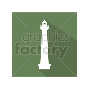 A minimalist clipart image of a lighthouse with a long shadow on a green background.