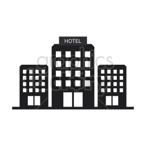 Silhouette of a hotel building flanked by two smaller buildings, representing hospitality or real estate.