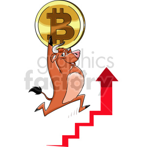 The clipart image shows a cartoon bull carrying a Bitcoin, a type of cryptocurrency, in its mouth. The background includes charts and graphs related to investing and profits, suggesting that the bull represents the potential for financial gain through cryptocurrency investment.
