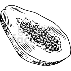 A black and white clipart illustration of a halved papaya fruit showing its seeds.