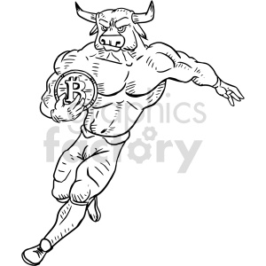 This clipart image depicts a muscular anthropomorphic bull in a dynamic pose holding a large coin with the Bitcoin symbol on it.
