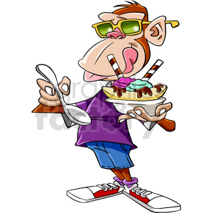 Cartoon monkey wearing sunglasses and a purple shirt, holding a bowl of ice cream with two wafers.