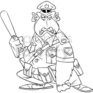A cartoon illustration of an anthropomorphic gorilla dressed in a police uniform, holding a baton and looking angry.