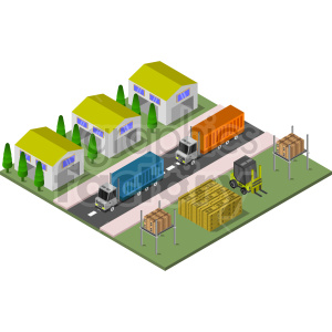 An isometric view of a logistics and warehouse scenario, featuring delivery trucks on a road, industrial buildings, trees, stacked pallets, and a forklift.