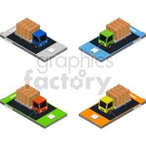 Isometric illustration of trucks with boxes on mobile devices, representing logistics, delivery, and transportation services.